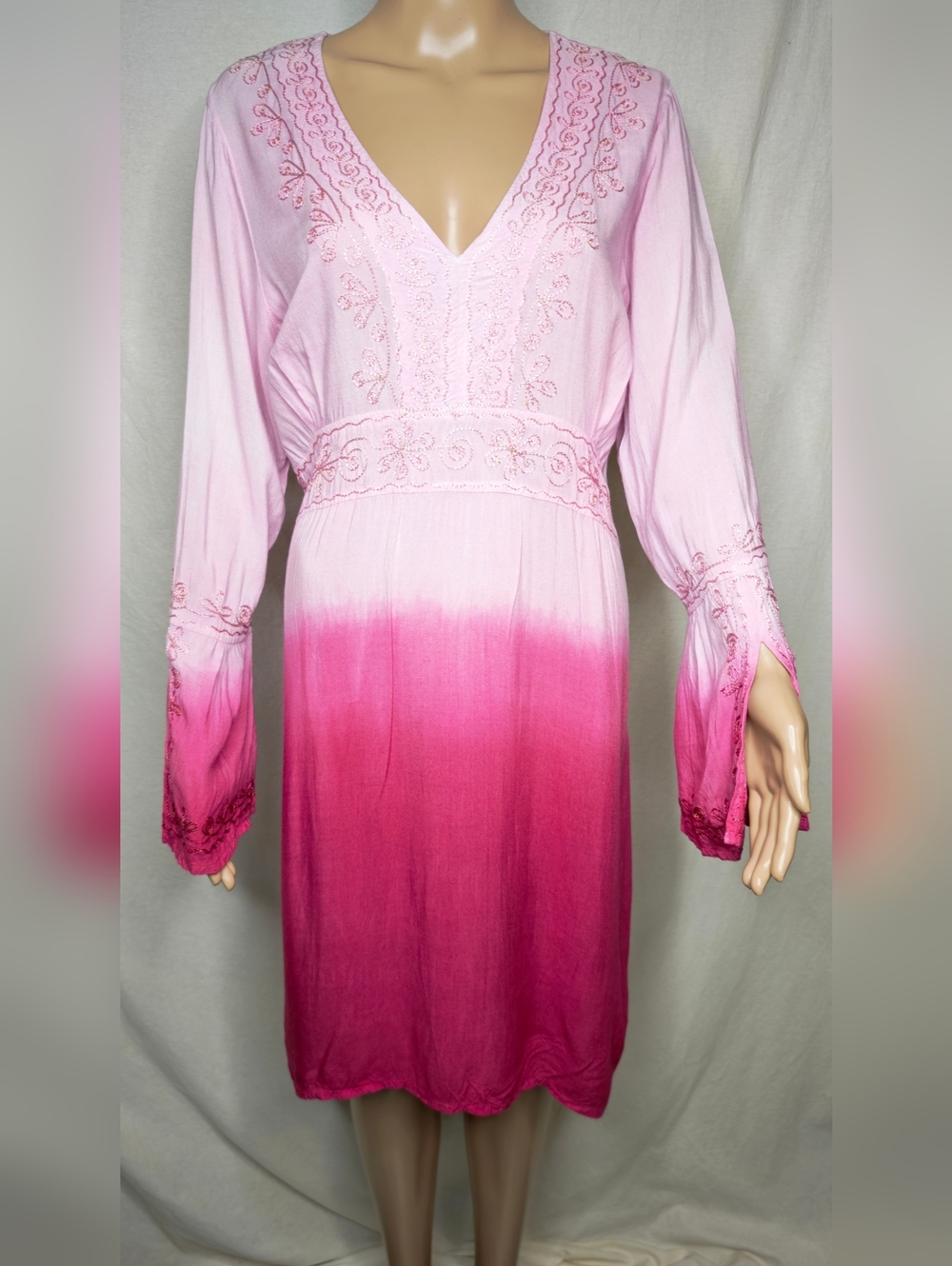 Soaked dip dye embroidered long sleeve tunic dress